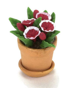 Dollhouse Miniature Petunias In Pot, Red & White